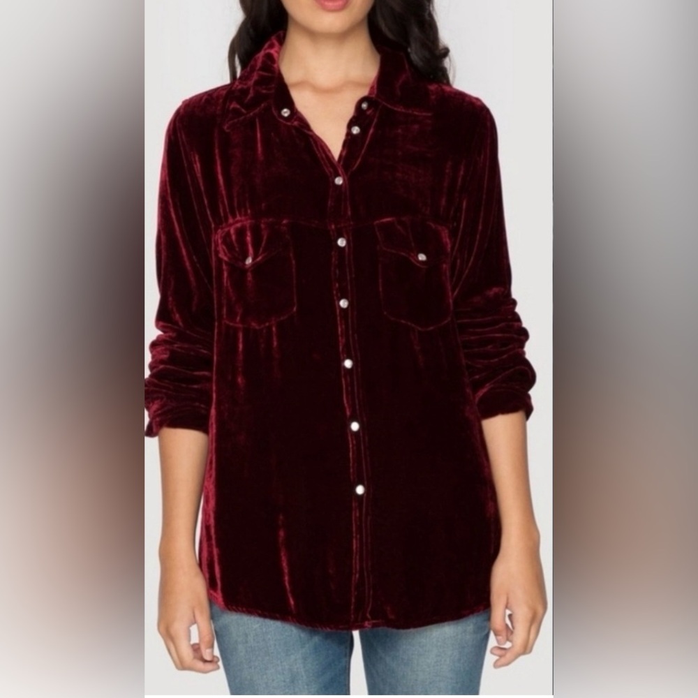 Johnny Was Burgundy Velvet Button-Up Top